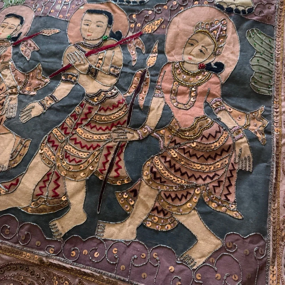 Vintage Burmese Kalaga Tapestry Large Gold Embroidered Elephant Wall Hanging Art